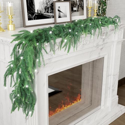 TISEMENT Norfolk Pine Garland 6ft with 10ft Light String – Premium Indoor/Outdoor Greenery