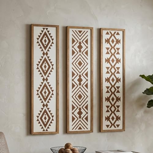 Set of 3 Aztec Wood Wall Art Panels – Geometric Boho Hanging Decor