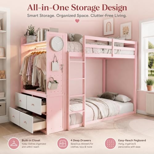 Twin Over Twin Wooden Bunk Bed with Storage Drawers and LED Lights