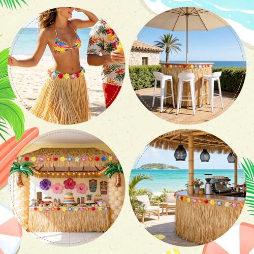 Tropical Luau Grass Table Skirt with Hibiscus Flowers - 9.8ft Waterproof