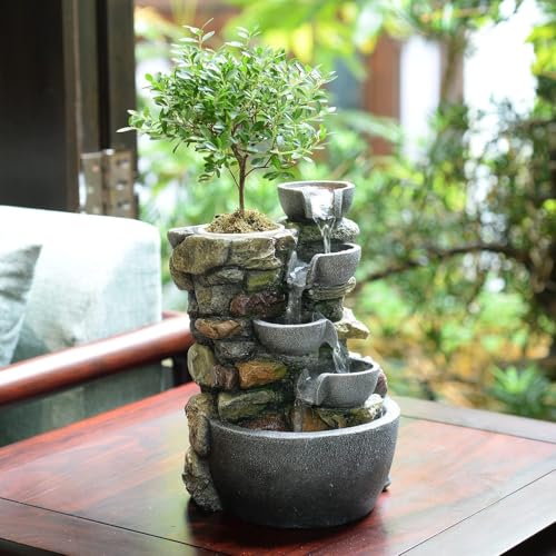 Indoor Tabletop Fountain with LED Light & Planter Pot - Rockery Waterfall