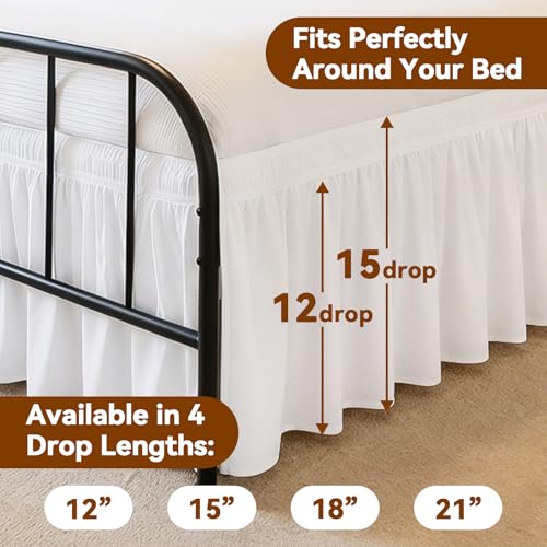 Queen Bed Skirt 15 Inch Drop - Elastic Wrap Around Dust Ruffle, White