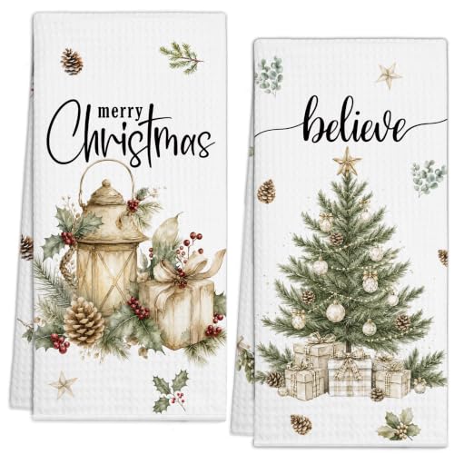 AWSICE Christmas Kitchen Towels Set of 2 – Rustic Tree Motif, 24 x 16 inches