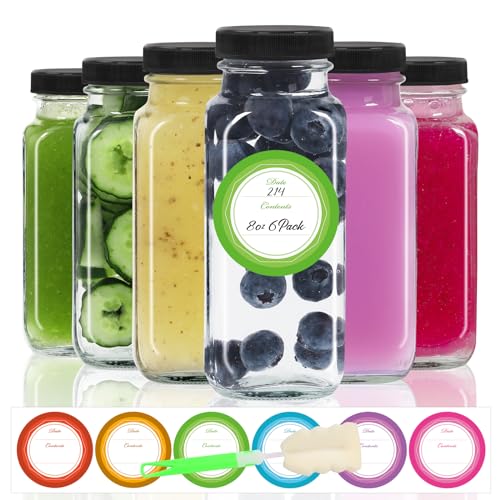 8oz Square Glass Juice Bottles with Leak-Proof Lids, 6-Pack Set