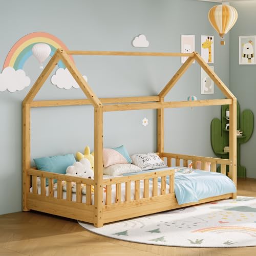 Solid Wood Twin House Bed for Kids with Guardrails and Playhouse Roof
