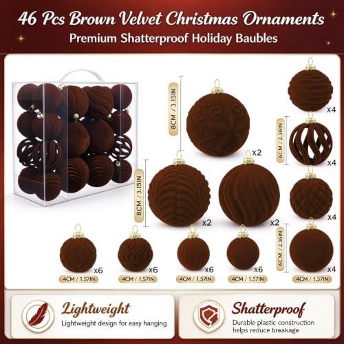 PEACELOVER 46pcs Velvet Flocked Christmas Ornaments Set - Brown, 3 Sizes
