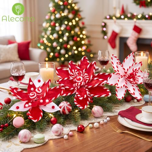 Alecono Red Candy Cane Poinsettia Picks 6 Pack - Artificial Christmas Flowers