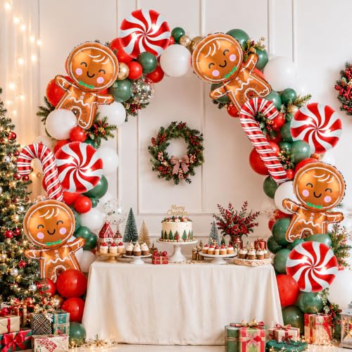 Gingerbread Man Candy Christmas Foil Balloons Set - 10PCS Holiday Party Decorations with Red Candy Cane & Lollipop Balloons