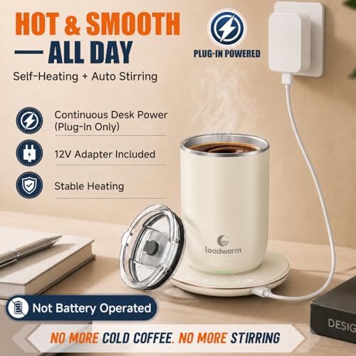 Loadwarm White Self-Heated Stirring Coffee Mug 10oz with Warmer - Auto Mixing & Temperature Control