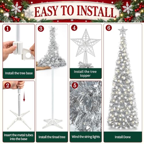 Silver White 5FT Pop-up Christmas Tree with Snowflake Decor & Timer Lights
