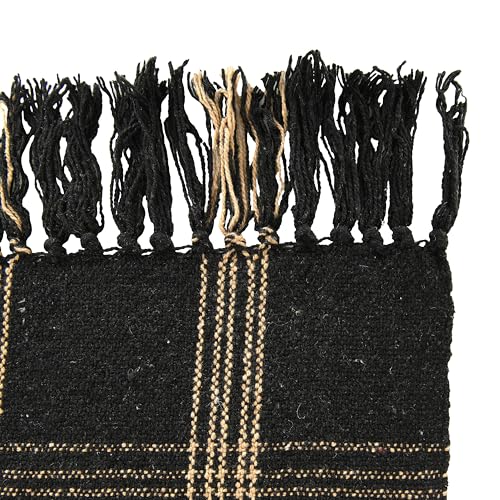 Plaid Black & Tan Fringed Woven Cotton Blend Throw