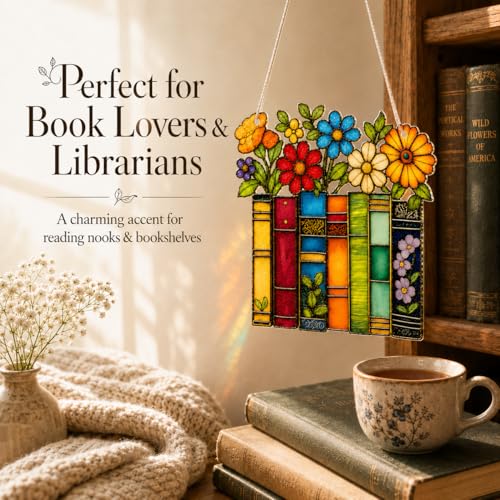 Book Lover Ornament, Acrylic Floral Book Suncatcher for Reading Enthusiasts