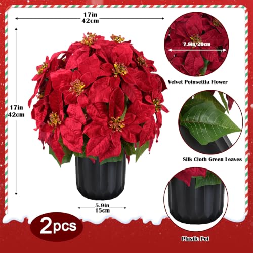 MHMJON 2 Pack 17-Inch Artificial Poinsettias in Pot for Christmas Holiday Decor