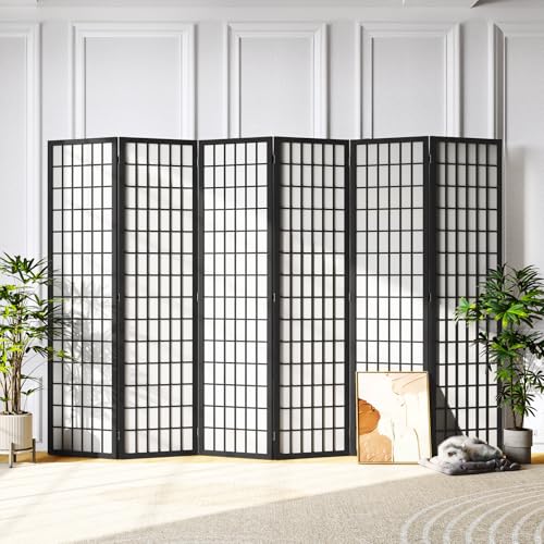 6-Panel Folding Room Divider, 6ft Japanese Shoji Privacy Screen, Black