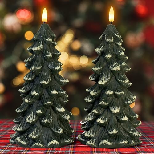 Yongmao 2-Pack Christmas Tree Shaped Flameless Candles with 6H Timer, Green Real Wax Battery-Operated LED Candles