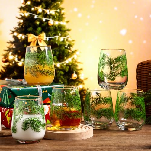 Maxcheck Pine Needle 6-Pack 18 oz Stemless Christmas Wine Glasses Set
