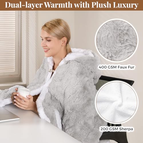 Wearable Heated Blanket Hoodie with Pockets, Faux Fur Electric Throw
