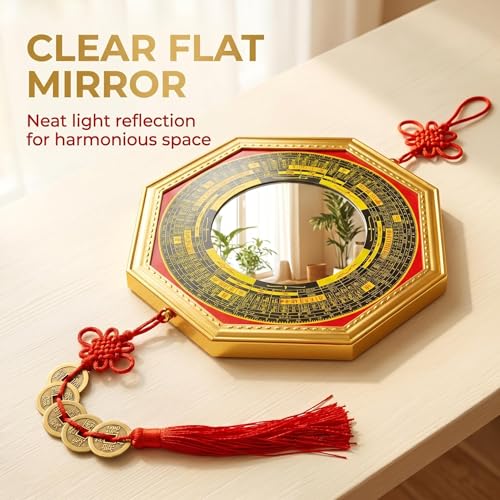 Feng Shui Bagua Mirror Set with Five Emperor Coins & Brass Wu Lou - Outdoor Home Protection & Wealth