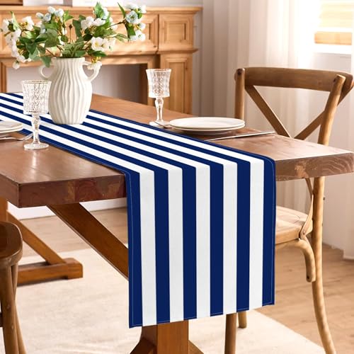 Navy Blue and White Striped Table Runner, 13" x 72" Nautical Dining Decor