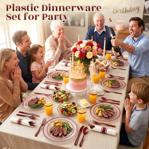 Cheerserve Red Plastic Dinnerware Set 175pcs for 25 Guests - Clear & Elegant