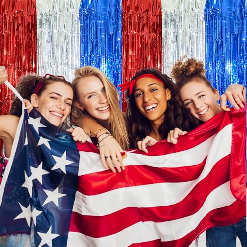 Red White & Blue Foil Fringe Curtains (3 Pack) - Patriotic Party Backdrop