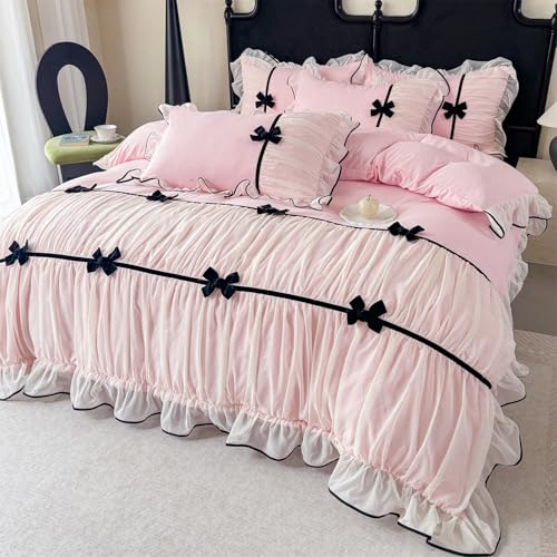 Ruffled Lace Duvet Cover Set with Bow - Queen Size Pink Princess Bedding
