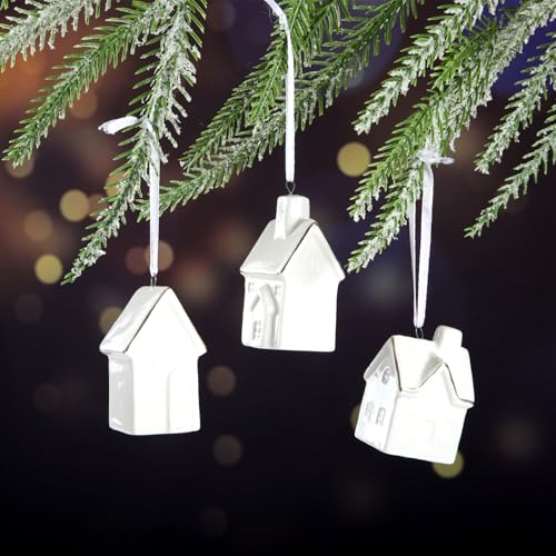3Pcs Christmas Ceramic House Ornaments Mini Hanging Village Decorations