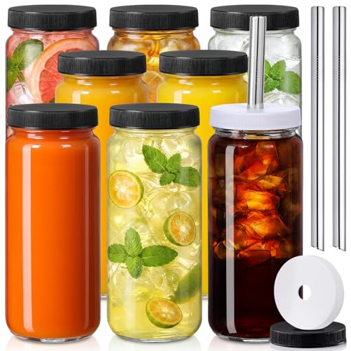 8-Pack 16oz Glass Juice Bottles with Airtight Lids and Straws Set