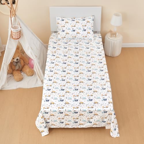 Lasoftan Boys Twin Sheet Set - 3-Piece Blue Excavator Soft Microfiber Bedding
