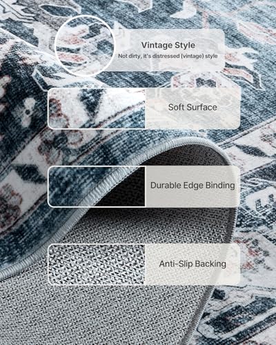 8x10 Vintage Washable Area Rug - Non-Slip Blue Rug for Living Room