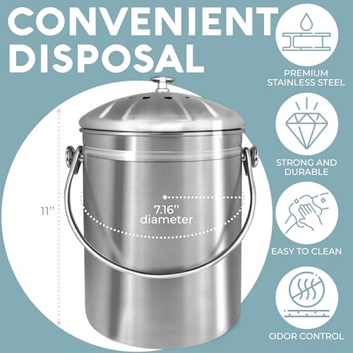 Stainless Steel Kitchen Compost Bin 1.3 Gallon with Charcoal Filter
