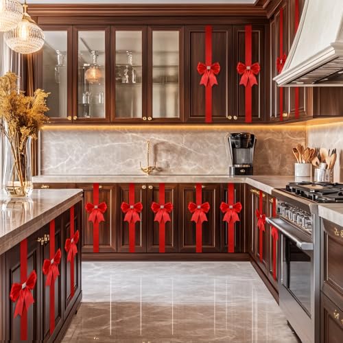 PUFFLD 8 Pcs Red Christmas Cabinet Ribbon Bows 77.9in - Satin
