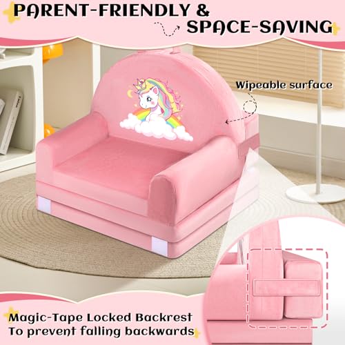 Unicorn Foldable Kids Sofa Bed, Washable Toddler Chair for Play and Naps