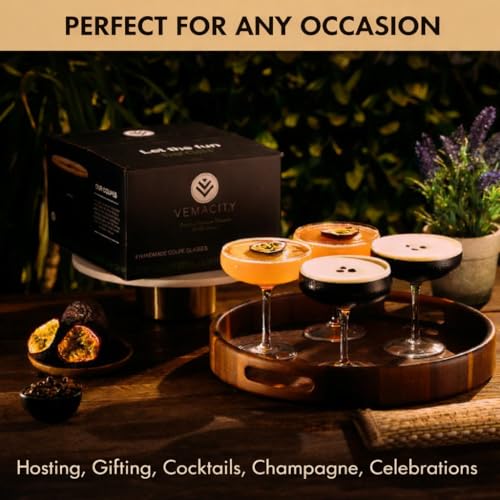 VEMACITY 4-Pack Elegant 10oz Espresso Martini Cocktail Glasses Set - Handblown Coupe for Martinis & Champagne