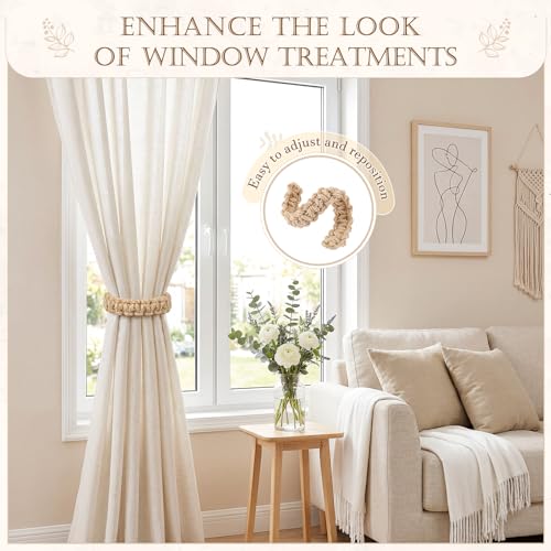 Braided Boho Curtain Tiebacks, 4 Pack Adjustable Jute Holdbacks