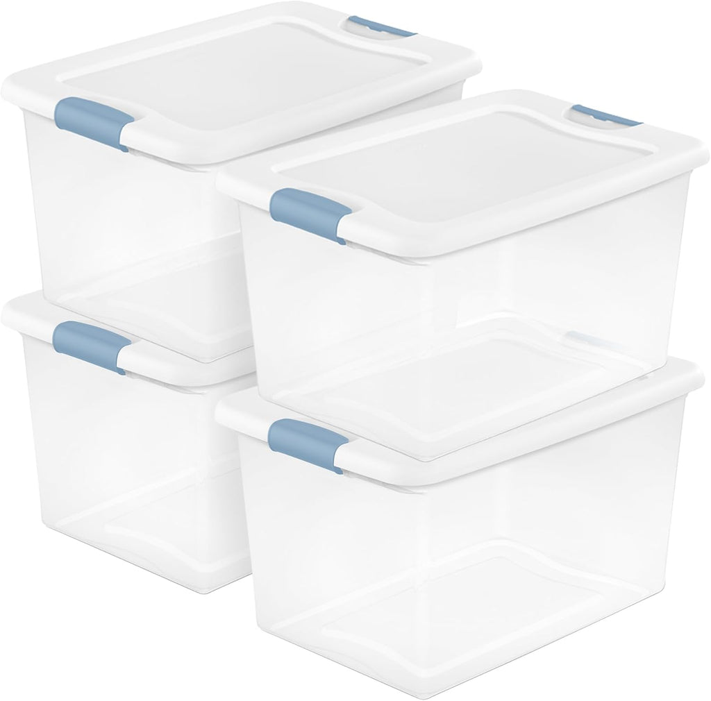 Sterilite 64 Quart Latching Storage Bins - Clear Plastic Organizer with White Lids for Home & Dorm