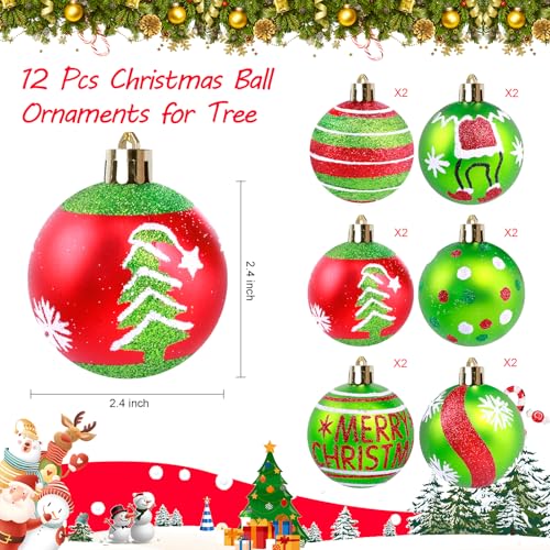 MEMOVAN Elf Christmas Ball Ornaments 2.4 inch Red & Green 12pcs—Shatterproof Candy Cane Elf Baubles