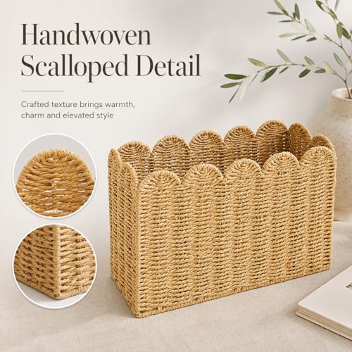Tall Narrow Magazine Holder, Handwoven Scalloped Paper Rope Basket