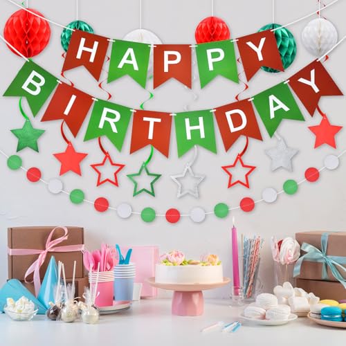 Christmas Birthday Party Decorations 34-Piece Set: Banner, Honeycomb Balls, Swirl Stars & Garlands