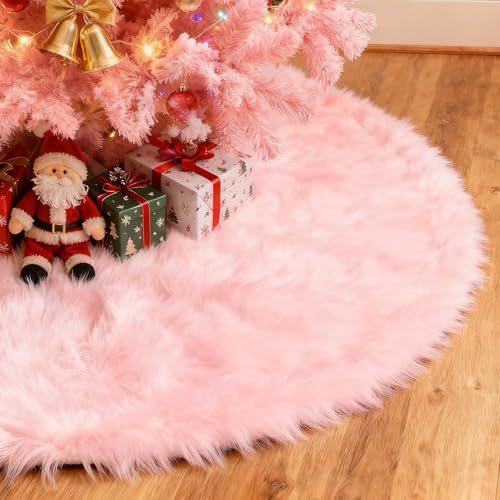 PARTTELY 36 Inch Pink Wool Fur Christmas Tree Skirt Thick Plush Holiday Decor