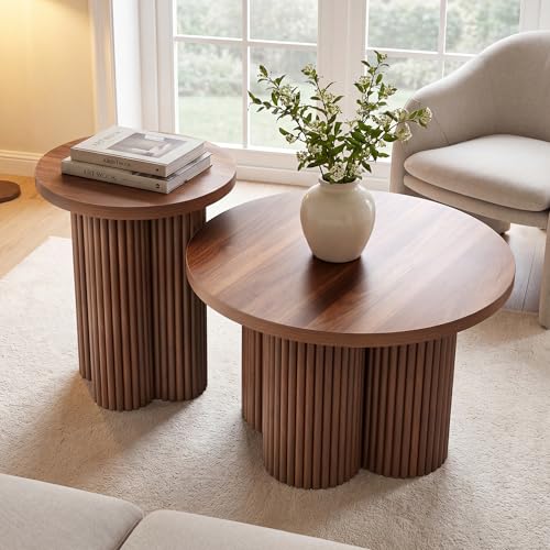 Round Nesting Coffee Table Set of 2, Fluted Wooden Tables for Small Spaces