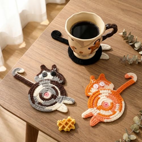Graceice 3pcs Cat Woven Coasters - Cute Hand Knitted Drink Protectors for Cat Lovers