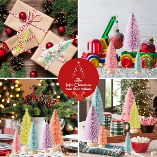 Bijoya 18 Pcs Mini Christmas Trees Set in 3 Sizes with Wooden Bases, 6 Colors