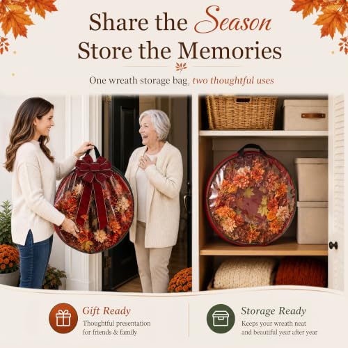 24-Inch Fall Wreath for Front Door with Autumn Flowers and Storage Bag