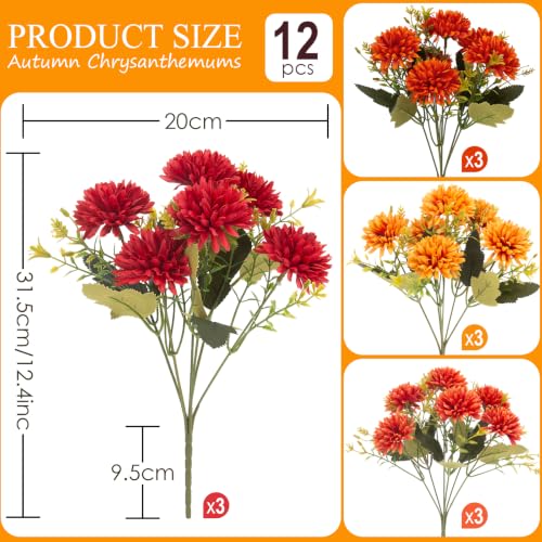 12 Pack Outdoor Artificial Fall Flowers - UV Resistant Fake Chrysanthemums