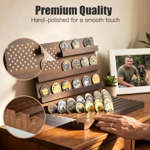 Solid Wood Challenge Coin Display Stand - Large Tabletop Coin Holder