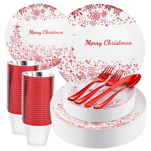 LIYH Red and White Christmas Dinnerware Set 150 Pcs Disposable Plates Cutlery Cups