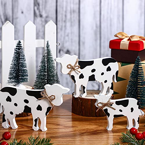 3 Pcs Wooden Cow Tiered Tray Decor, Rustic Farmhouse Table Centerpiece