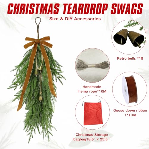 27-Inch Artificial Norfolk Pine Christmas Teardrop Swag with Velvet Bows & Bells