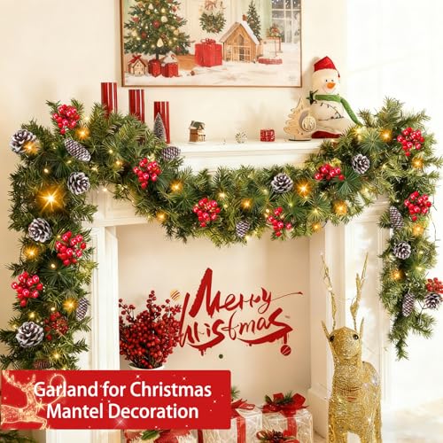 Turnon 9FT Christmas Garland with 50 Lights, 8 Modes, Timer, Red Berries & Pinecones - Warm White - Indoor/Outdoor